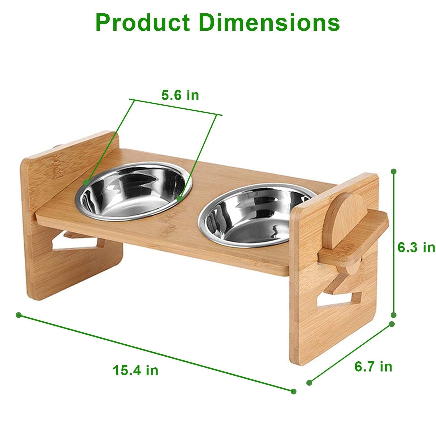 Bamboo Double Dog Raised Bowls 15 Degree Tilt Elevated Dog Bowls with 4 Adjustable Heights 2 Stainless Steel Bowls Pet Feeder for Dogs Cats Rabbits Dimensions