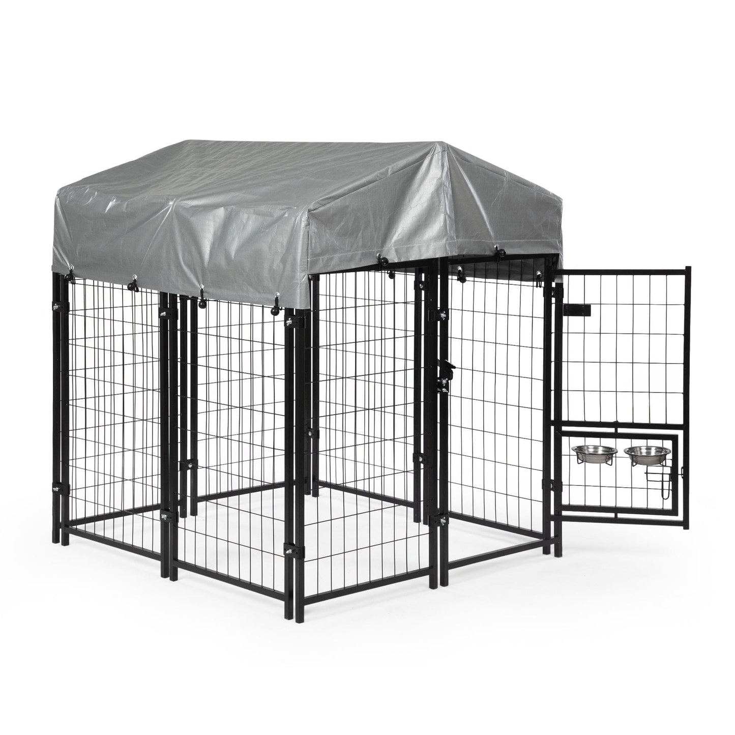 Heavy Duty Dog House, Dog Pen with Roof, Reversible Feeding Door, Stainless Steel Feeding Bowls, Dog Fence Cage for Small to Large Dogs, Dog Kennel Outside, Black Secue Opening