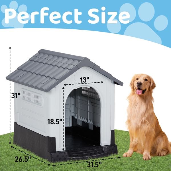 33 inch Large Plastic Dog House, Indoor Outdoor Doghouse Pet House with Air Vents and Elevated Floor, Insulated Water Resistant Puppy Shelter Kennel, Gray & White Dimensions