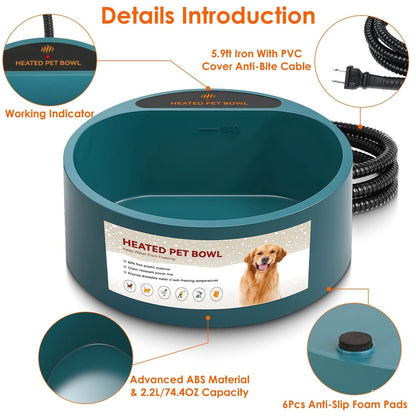 Heated Water Bowl for Dog Cat 74.4OZ Heating Water Dish IP67 Waterproof Thermal Water Bowl Heated Pet Bowl Dog Cat Water Feeder Bowl for Dog Cat Rabbit Pet inner parts off bowl