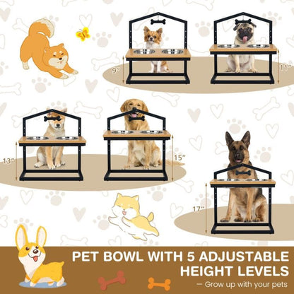 5 Heights Elevated Pet Feeder with 2 Detachable Stainless Steel Bowl With Adjustable Height