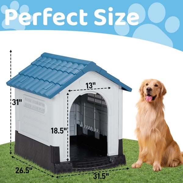 33 inch Large Plastic Dog House, Indoor Outdoor Doghouse Pet House with Air Vents and Elevated Floor, Insulated Water Resistant Puppy Shelter Kennel, Blue & White Dimensions