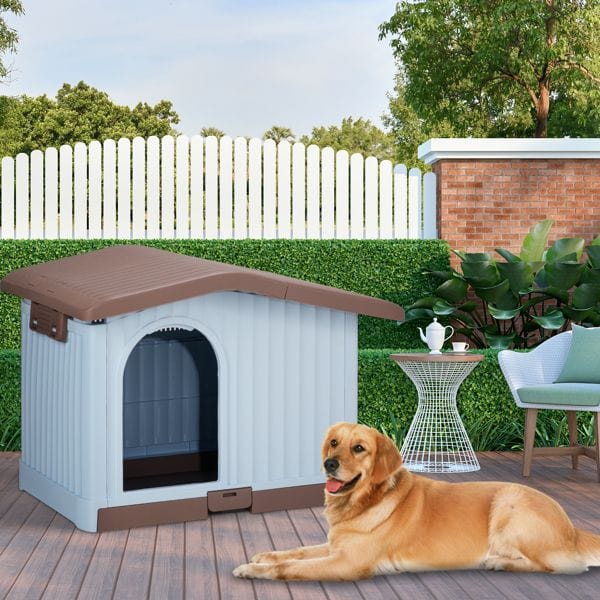 34 inch Large Plastic Dog House with Liftable Roof, Indoor Outdoor Doghouse Puppy Shelter with Detachable Base and Adjustable Bar Window, Brown & White Sunproof