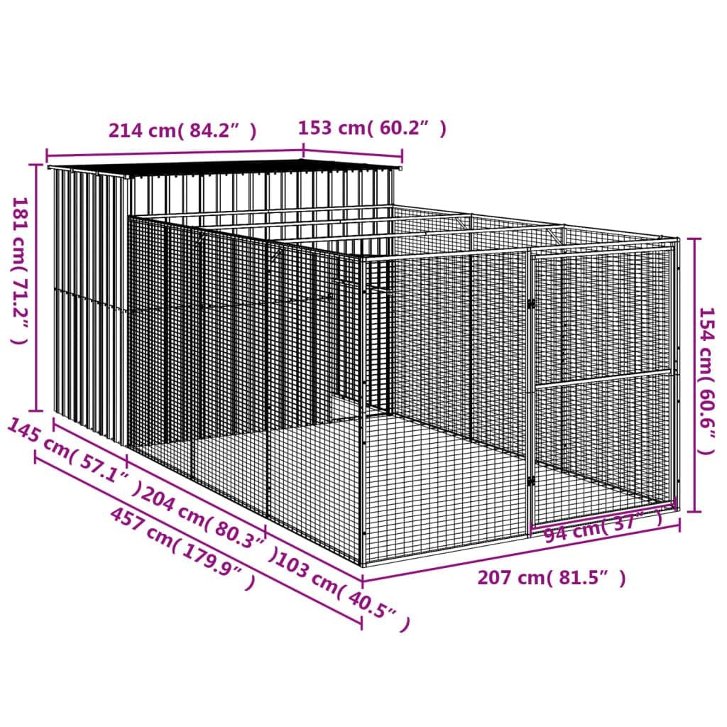 Dog House with Run Light Gray 84.3"x179.9"x71.3" Galvanized Steel Dimensions