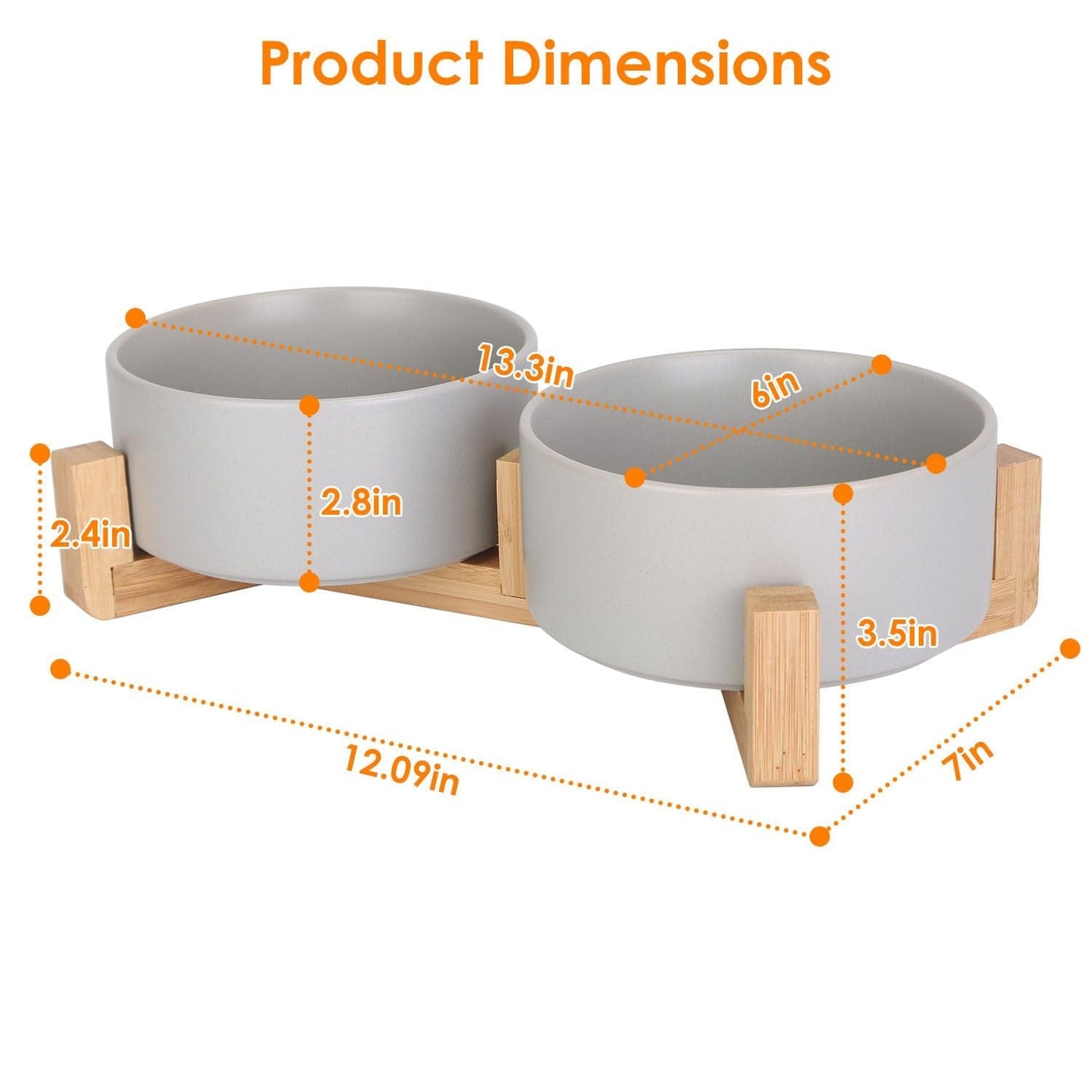 Double 28.7Oz Ceramic Pet Bowls Dog Cat Bowls with Wooden Stand Raised Pet Feeder for Small Dogs Cats Complete dimensions