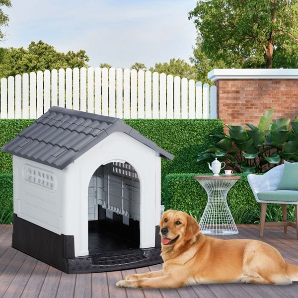 33 inch Large Plastic Dog House, Indoor Outdoor Doghouse Pet House with Air Vents and Elevated Floor, Insulated Water Resistant Puppy Shelter Kennel, Gray & White Patio View