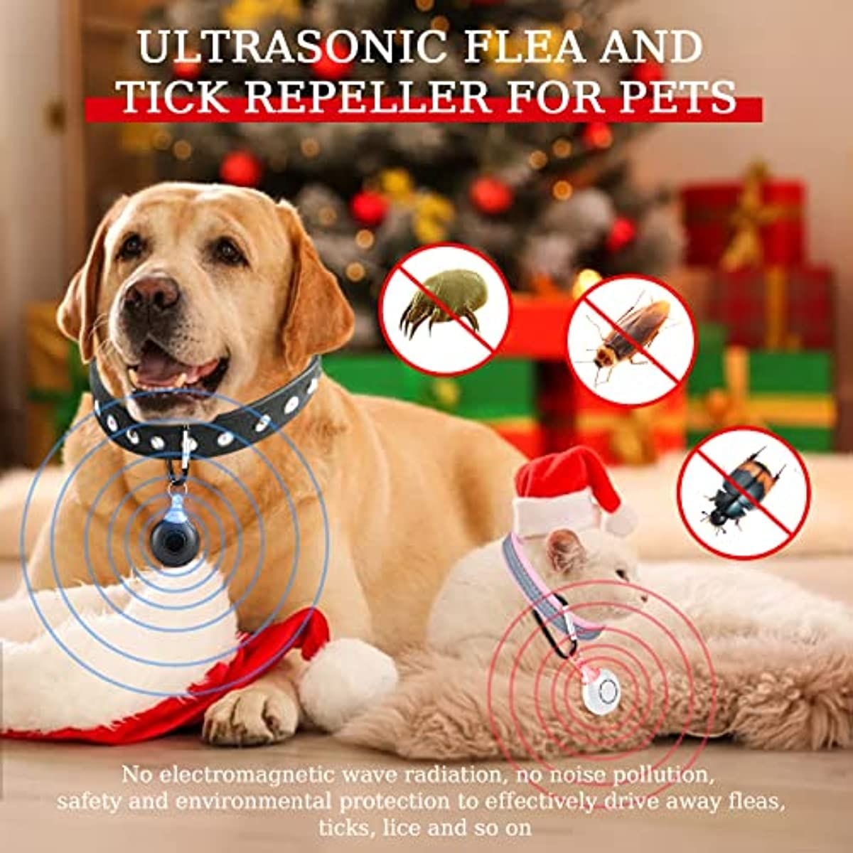 Ultrasonic; Natural; Chemical-Free Tick and Flea Repeller - Flea and Tick Treatment for Dogs; 2 pack; Ultrasonic Flea and Tick Repeller for Dogs and Cats Shown on Dog