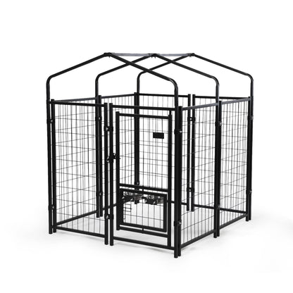 Heavy Duty Dog House, Dog Pen with Roof, Reversible Feeding Door, Stainless Steel Feeding Bowls, Dog Fence Cage for Small to Large Dogs, Dog Kennel Outside, Black Cover is Removable