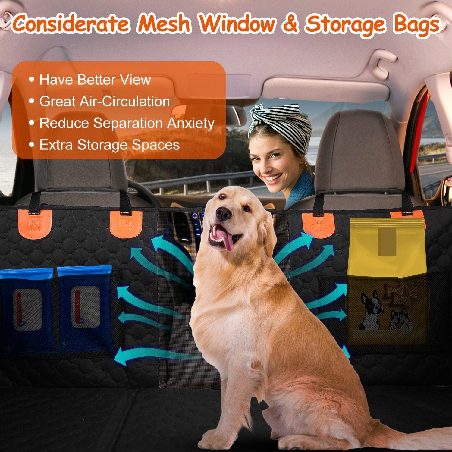 Dog Car Back Seat Cover With Zipper Mesh Window Storage Bags Waterproof 600D Oxford Cloth Car Seat Protector With Slide Flaps For Cars Trucks SUVs Storage Space