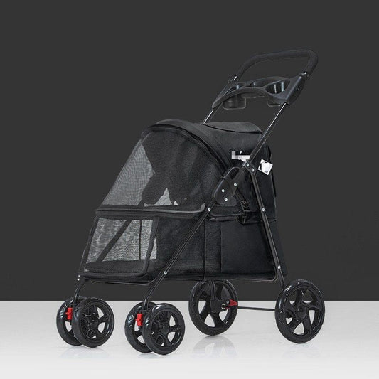 Black Pet Dog Stroller, Quick Folding, Shockproof with 2 Front Swivel Wheels & Rear Brake Wheels