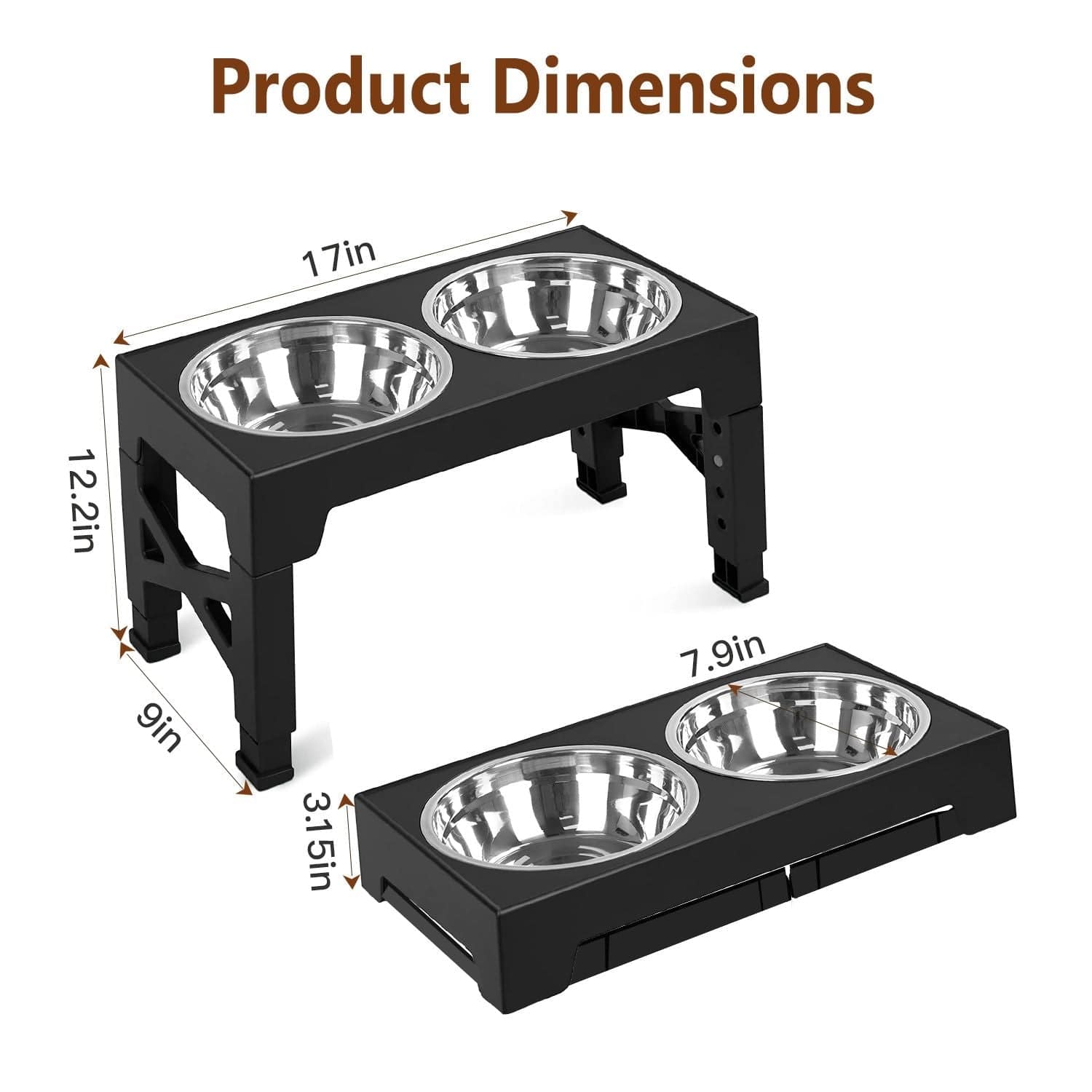 Dog Raised Bowls with 6 Adjustable Heights Stainless Steel Elevated Dog Bowls Foldable Double Bowl Dog Feeder for Small Medium Large Size Dog Product Dimensions