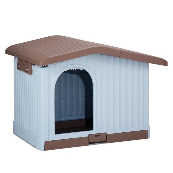 34 inch Large Plastic Dog House with Liftable Roof, Indoor Outdoor Doghouse Puppy Shelter with Detachable Base and Adjustable Bar Window, Brown & White Main View