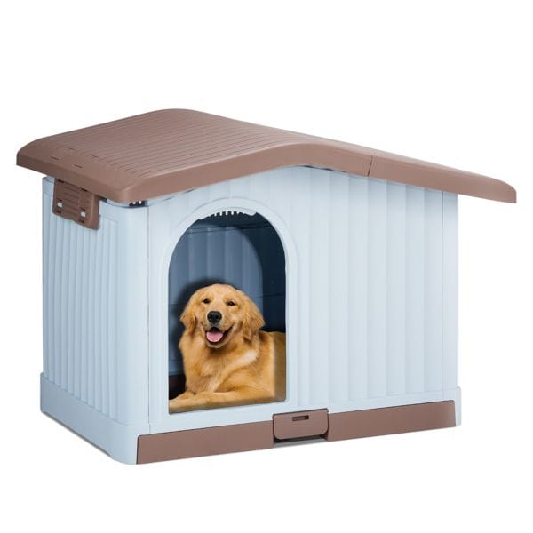 34 inch Large Plastic Dog House with Liftable Roof, Indoor Outdoor Doghouse Puppy Shelter with Detachable Base and Adjustable Bar Window, Brown & White Shown with dog