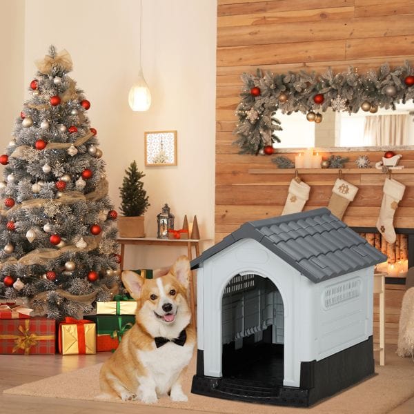 26 inch Plastic Dog House, Indoor Outdoor Doghouse Pet House with Air Vents and Elevated Floor, Insulated Water Resistant Puppy Shelter Kennel for Small Dogs, Gray & White Fits any Decor