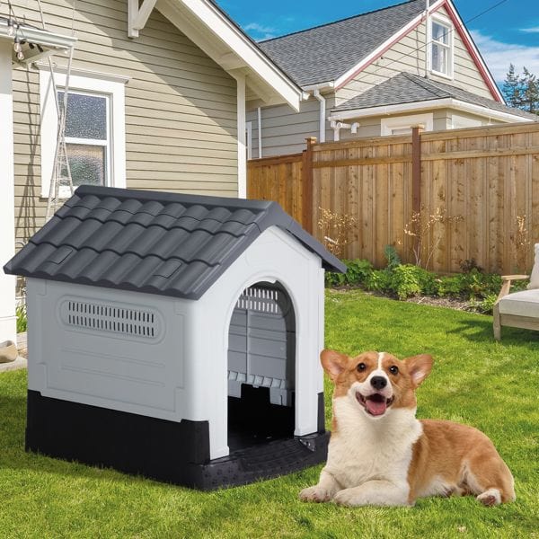 26 inch Plastic Dog House, Indoor Outdoor Doghouse Pet House with Air Vents and Elevated Floor, Insulated Water Resistant Puppy Shelter Kennel for Small Dogs, Gray & White Outdoor Use