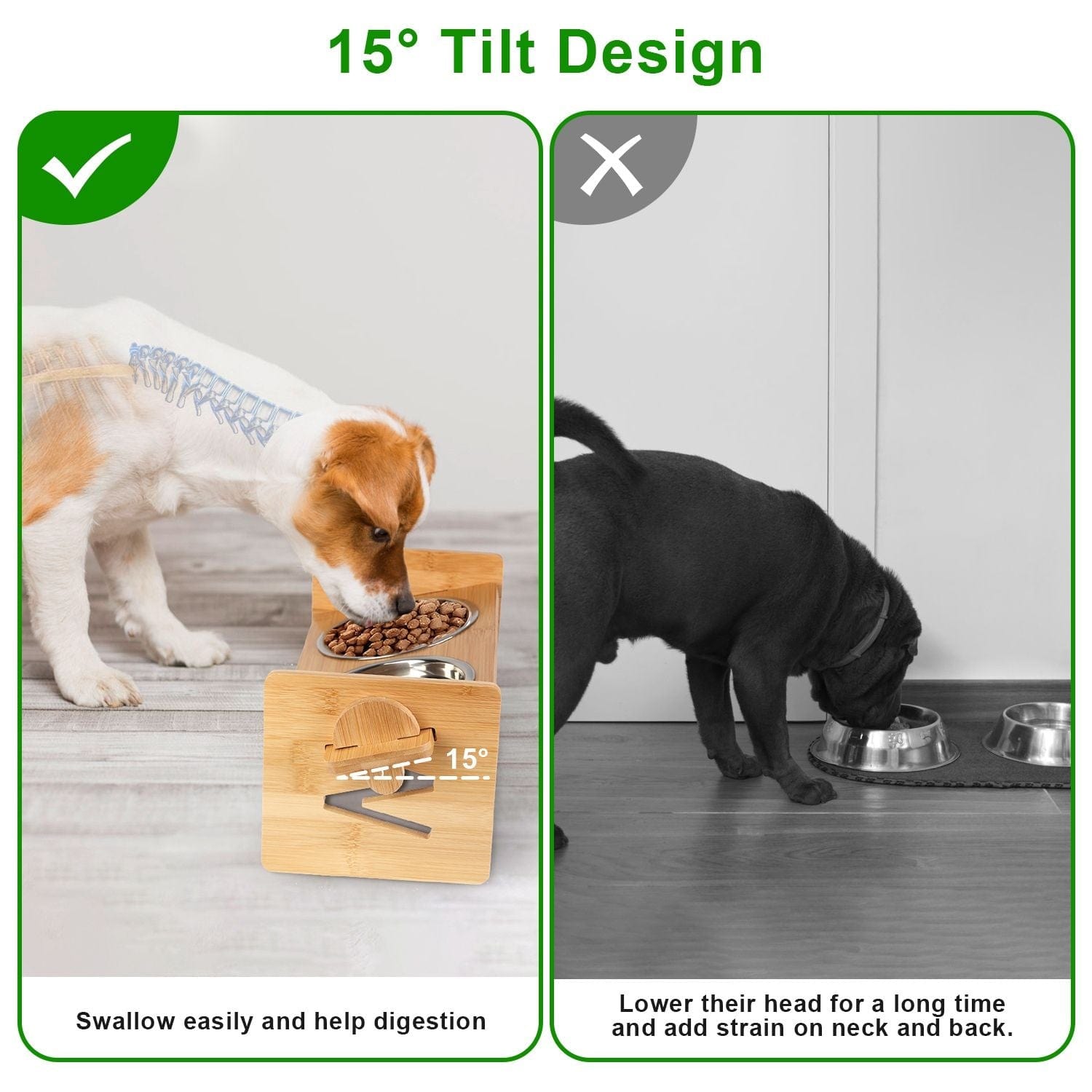 Bamboo Double Dog Raised Bowls 15 Degree Tilt Elevated Dog Bowls with 4 Adjustable Heights 2 Stainless Steel Bowls Pet Feeder for Dogs Cats Rabbits In use