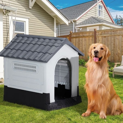 33 inch Large Plastic Dog House, Indoor Outdoor Doghouse Pet House with Air Vents and Elevated Floor, Insulated Water Resistant Puppy Shelter Kennel, Gray & White Outdoor View