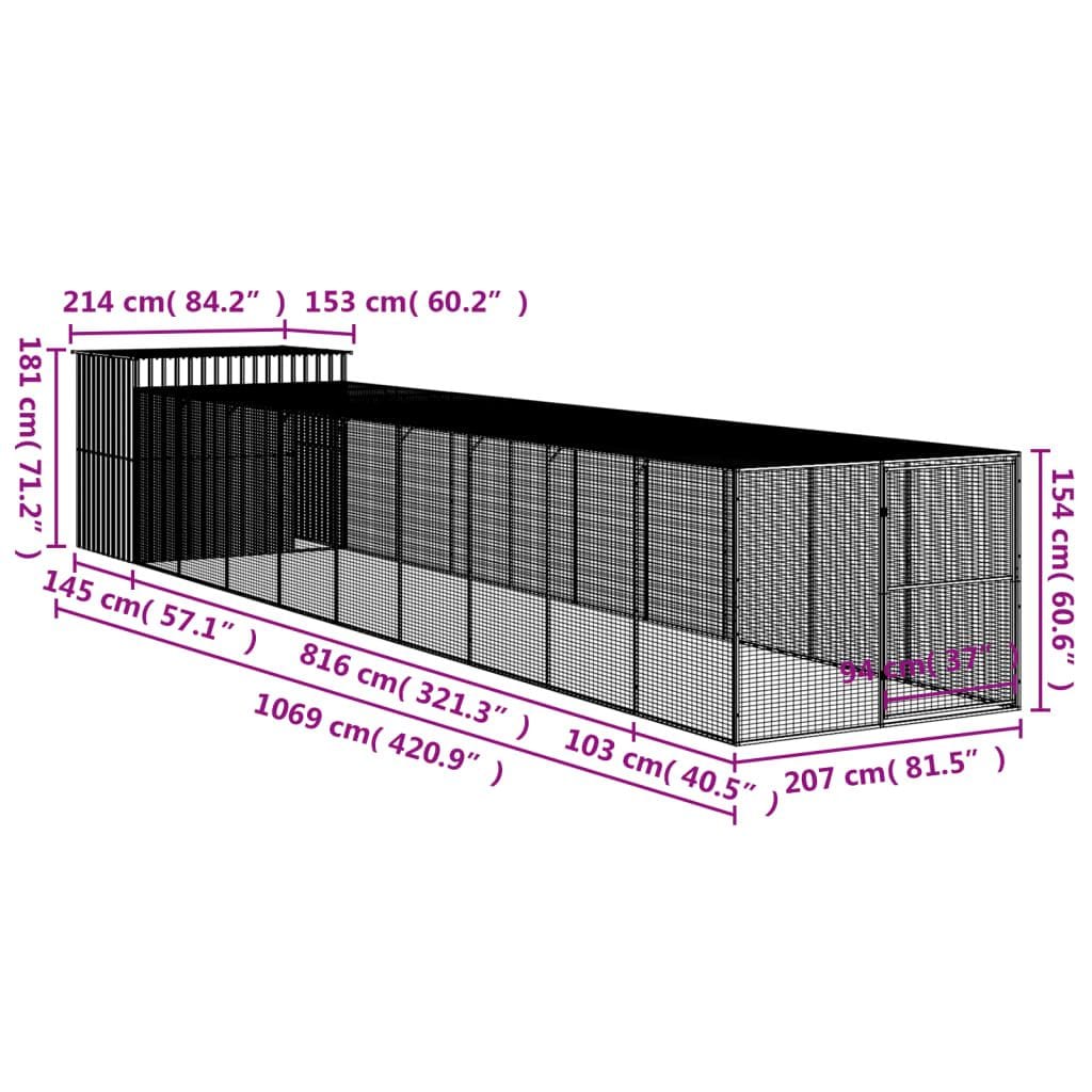 Dog House with Run Anthracite 84.3"x420.9"x71.3" Galvanized Steel Dimensions