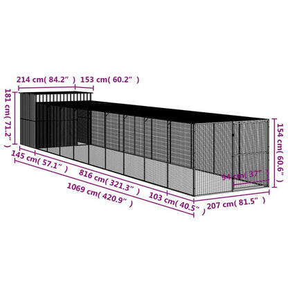 Dog House with Run Anthracite 84.3"x420.9"x71.3" Galvanized Steel Dimensions