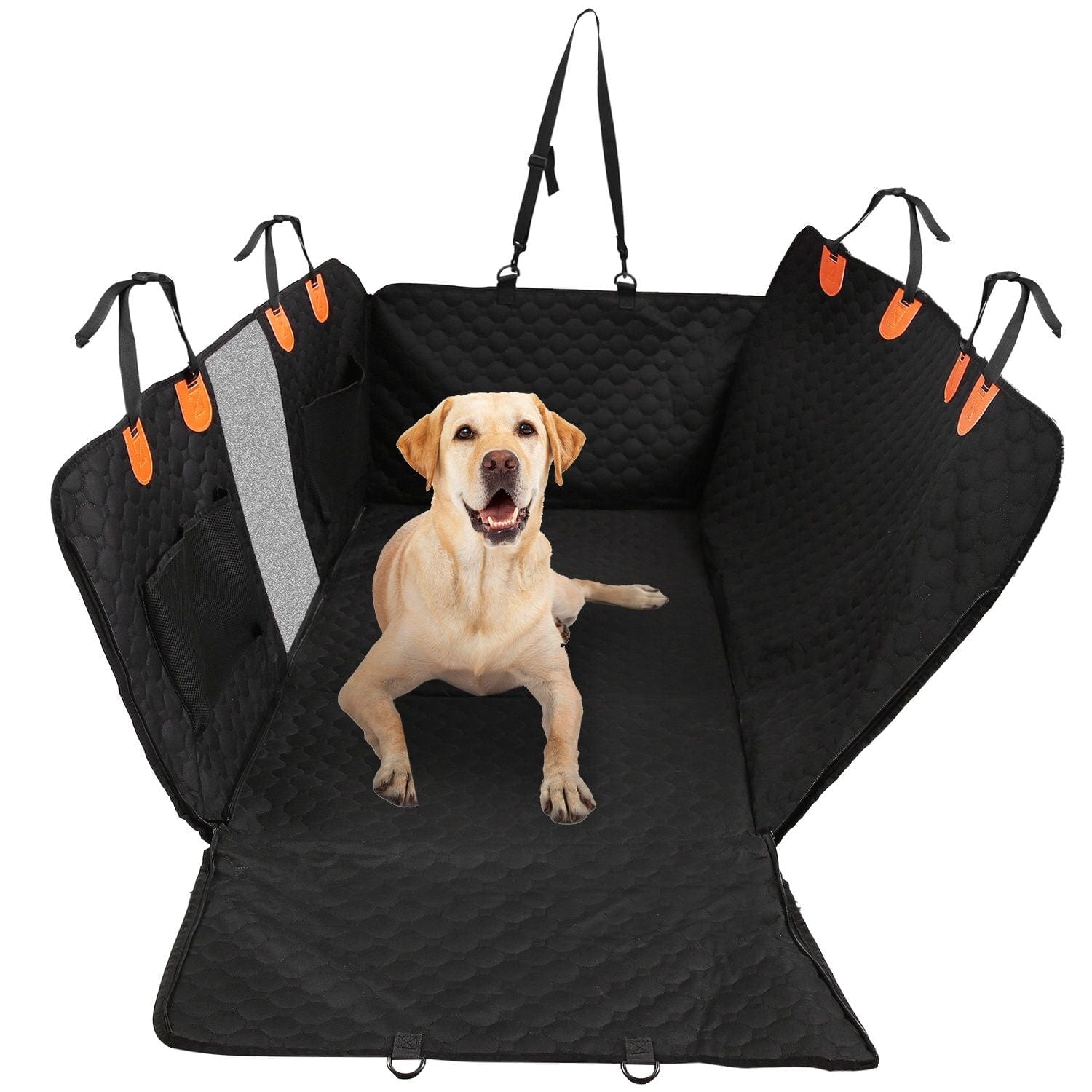 Dog Car Back Seat Cover With Zipper Mesh Window Storage Bags Waterproof 600D Oxford Cloth Car Seat Protector With Slide Flaps For Cars Trucks SUVs Out of Car