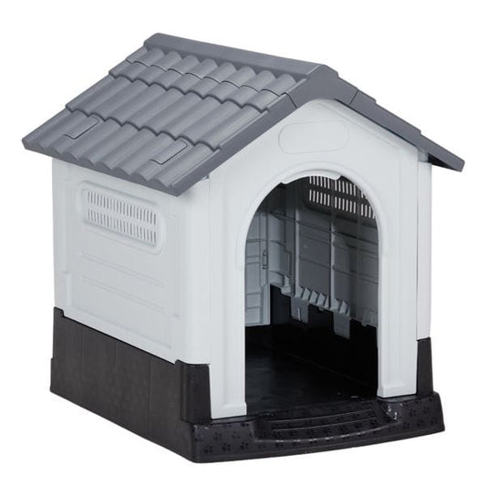 33 inch Large Plastic Dog House, Indoor Outdoor Doghouse Pet House with Air Vents and Elevated Floor, Insulated Water Resistant Puppy Shelter Kennel, Gray & White View