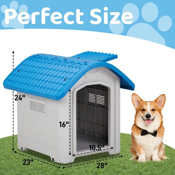 28 inch Raised Plastic Dog House, Outdoor Indoor Doghouse Pet House with Adjustable Sunroof and Elevated Base for Small Dogs, Blue & White with Dimensions