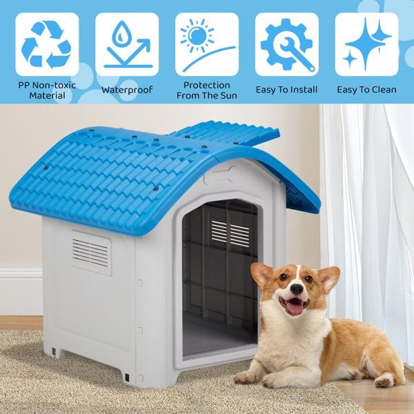 28 inch Raised Plastic Dog House, Outdoor Indoor Doghouse Pet House with Adjustable Sunroof and Elevated Base for Small Dogs, Blue & White PP non toxic material