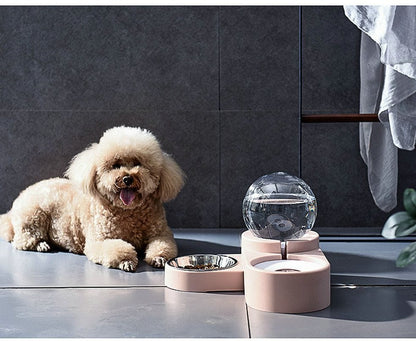 Large Pet Feeder Automatic Drinking Fountain and Food Bowl Pet Water Dispenser with Mouth Separator Pink with dog