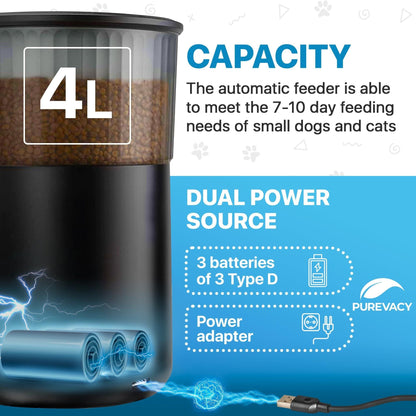 Automatic Cat Feeders for Indoor Cats with Timer. 4L Capacity Black Automatic Cat Feeder with Timer, Voice Recorder. Automatic Dog Feeder with Timer. 1-5 Meals.Cat Food Dispenser Capacity