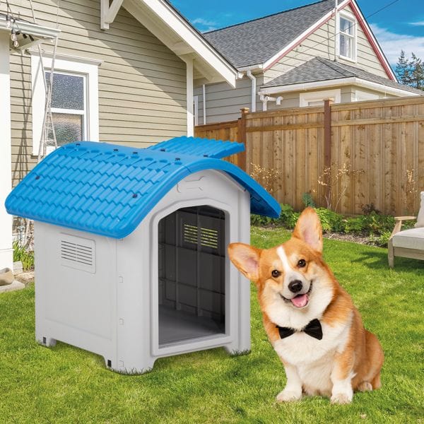 28 inch Raised Plastic Dog House, Outdoor Indoor Doghouse Pet House with Adjustable Sunroof and Elevated Base for Small Dogs, Blue & White Shown on grass