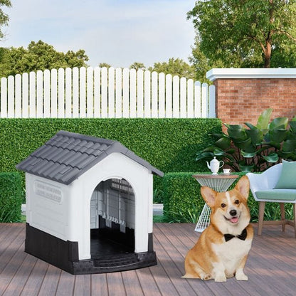 26 inch Plastic Dog House, Indoor Outdoor Doghouse Pet House with Air Vents and Elevated Floor, Insulated Water Resistant Puppy Shelter Kennel for Small Dogs, Gray & White Patio Use