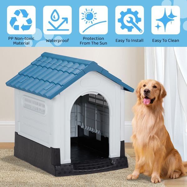 33 inch Large Plastic Dog House, Indoor Outdoor Doghouse Pet House with Air Vents and Elevated Floor, Insulated Water Resistant Puppy Shelter Kennel, Blue & White Non Toxic Material