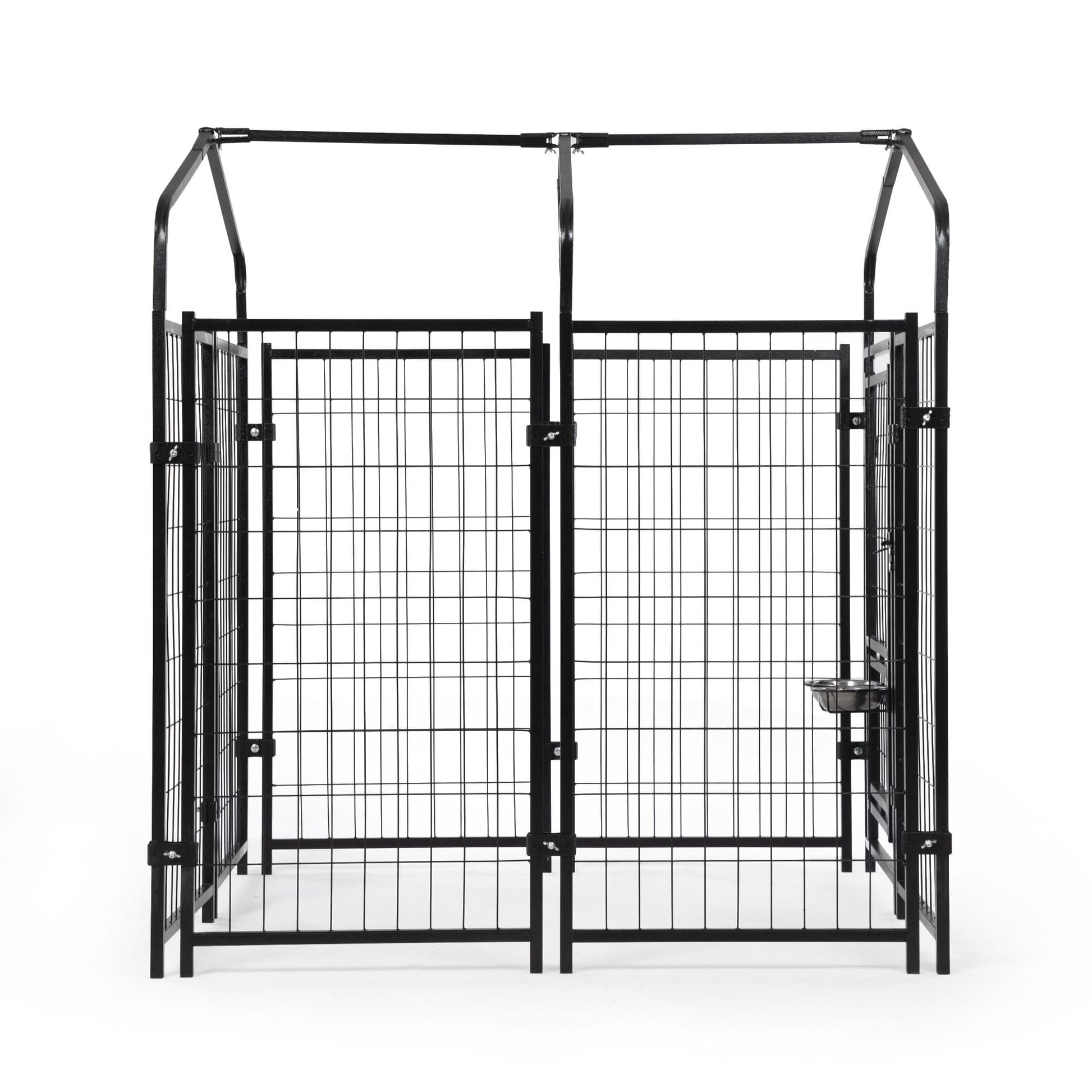 Heavy Duty Dog House, Dog Pen with Roof, Reversible Feeding Door, Stainless Steel Feeding Bowls, Dog Fence Cage for Small to Large Dogs, Dog Kennel Outside, Black Side View