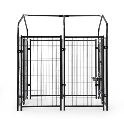 Heavy Duty Dog House, Dog Pen with Roof, Reversible Feeding Door, Stainless Steel Feeding Bowls, Dog Fence Cage for Small to Large Dogs, Dog Kennel Outside, Black Side View