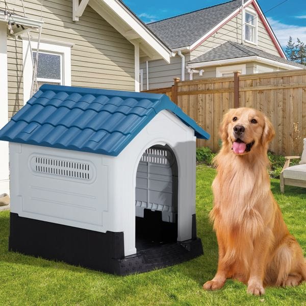 33 inch Large Plastic Dog House, Indoor Outdoor Doghouse Pet House with Air Vents and Elevated Floor, Insulated Water Resistant Puppy Shelter Kennel, Blue & White Outdoor use