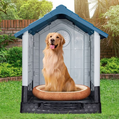 33 inch Large Plastic Dog House, Indoor Outdoor Doghouse Pet House with Air Vents and Elevated Floor, Insulated Water Resistant Puppy Shelter Kennel, Blue & White Easy Clean