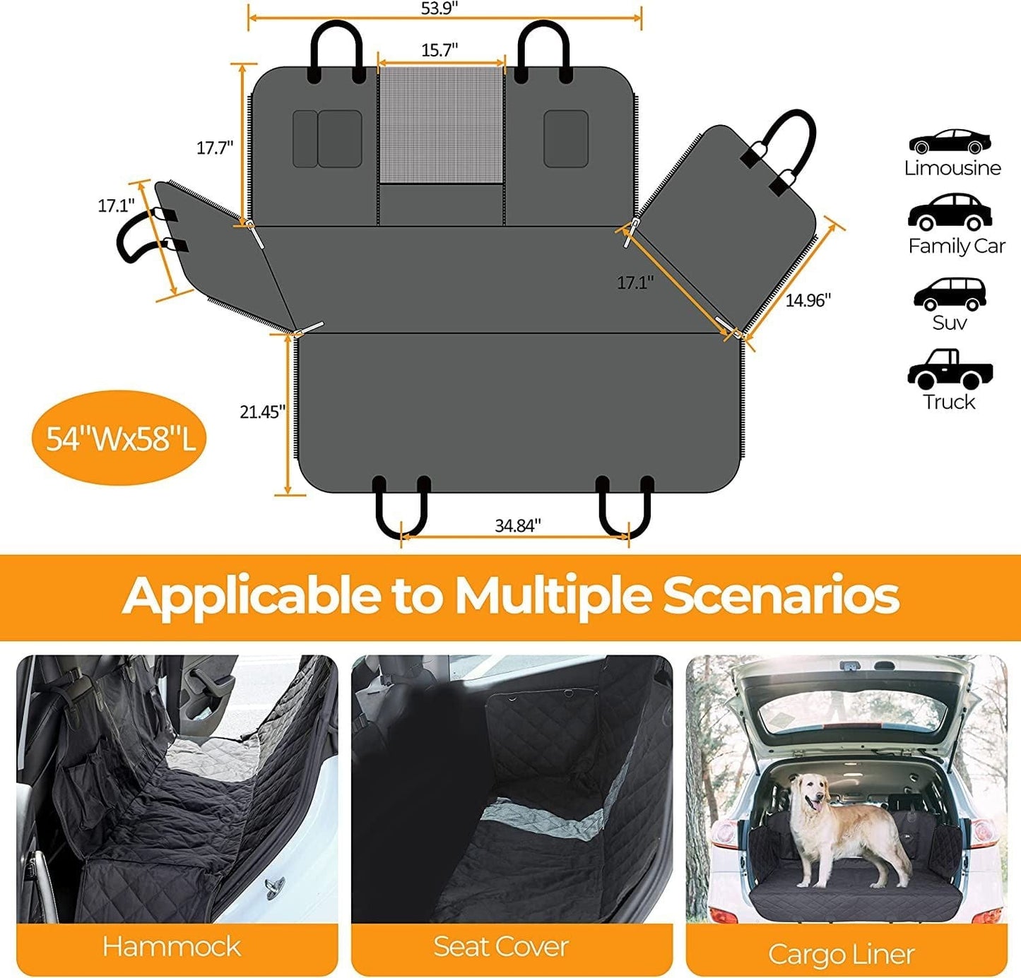 Simple Deluxe Dog Car Seat Cover for Back Seat, 100% Waterproof Pet Seat Protector with Mesh Window, Scratchproof & Nonslip Dog Hammock for Cars, Trucks, SUVs, Standard Multiple Uses