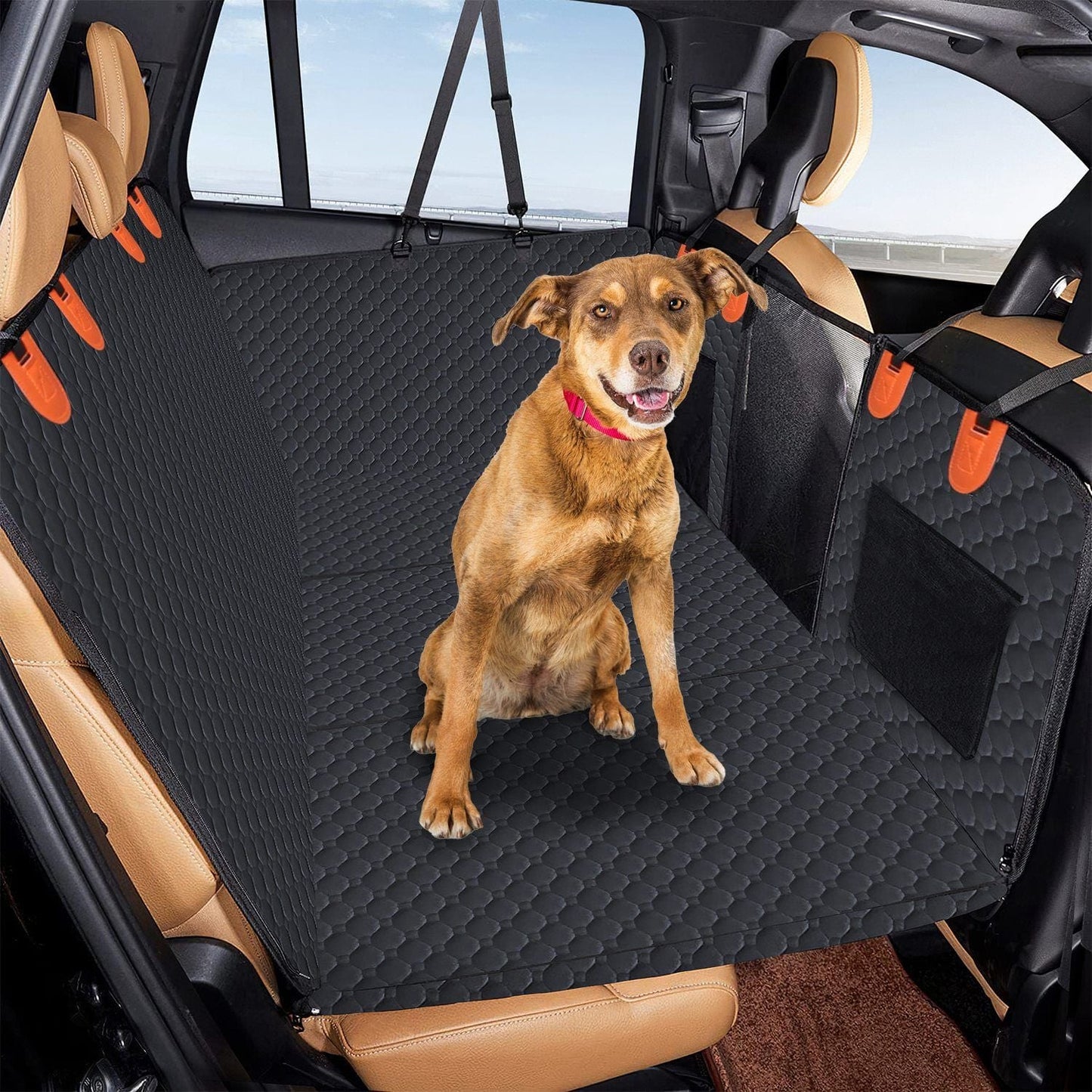 Dog Car Back Seat Cover With Zipper Mesh Window Storage Bags Waterproof 600D Oxford Cloth Car Seat Protector With Slide Flaps For Cars Trucks SUVs Black Cover With Dog