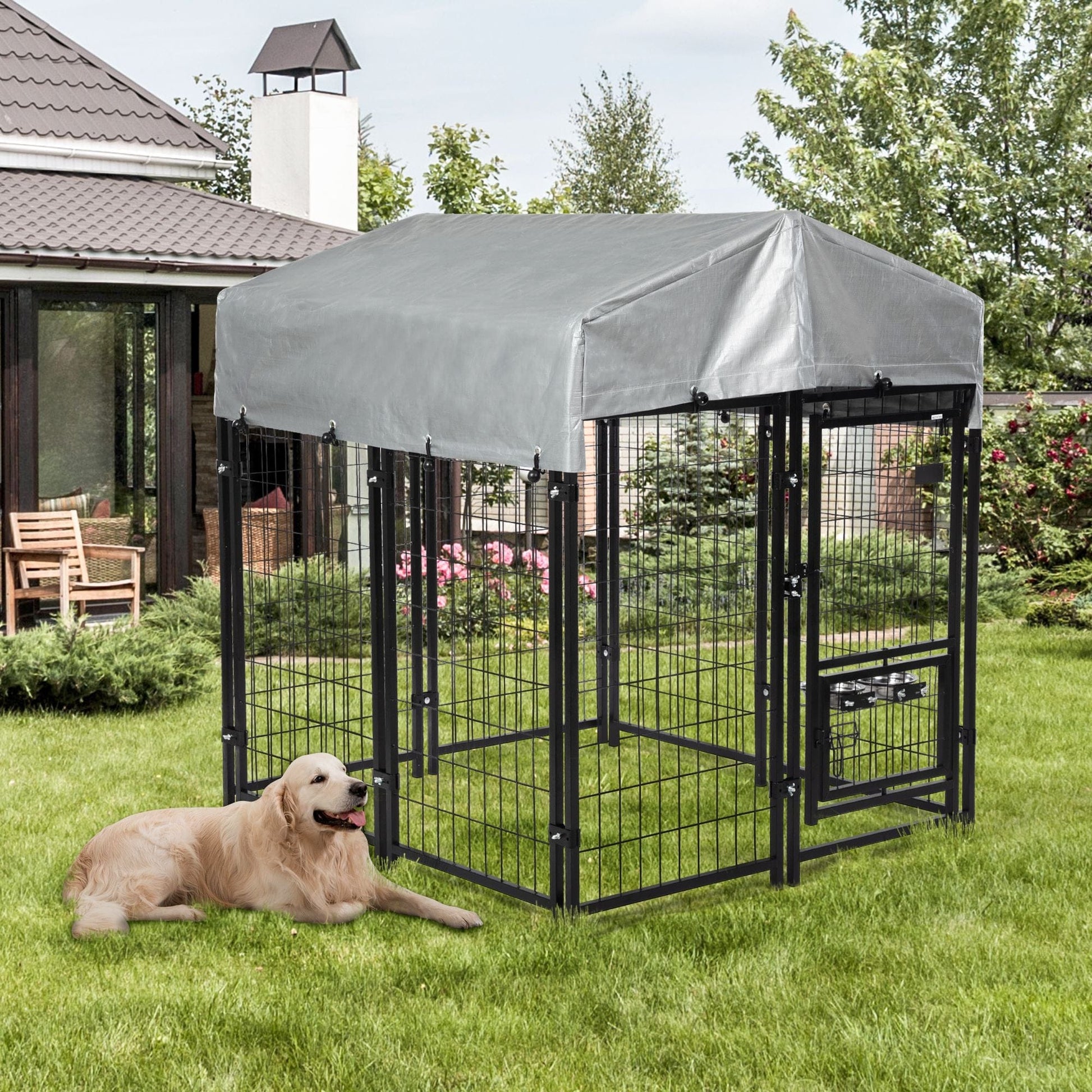 Heavy Duty Dog House, Dog Pen with Roof, Reversible Feeding Door, Stainless Steel Feeding Bowls, Dog Fence Cage for Small to Large Dogs, Dog Kennel Outside, Black Full View