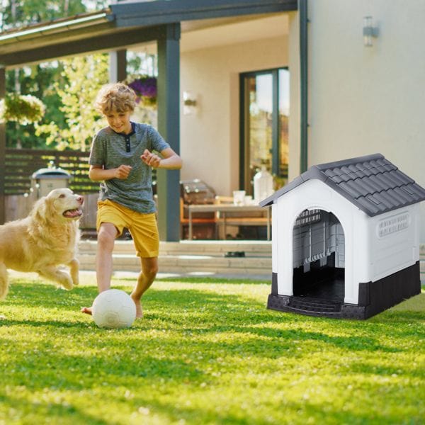 26 inch Plastic Dog House, Indoor Outdoor Doghouse Pet House with Air Vents and Elevated Floor, Insulated Water Resistant Puppy Shelter Kennel for Small Dogs, Gray & White Outdoor Use