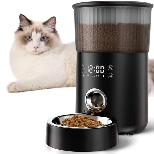 Automatic Cat Feeders for Indoor Cats with Timer. 4L Capacity Black Automatic Cat Feeder with Timer, Voice Recorder. Automatic Dog Feeder with Timer. 1-5 Meals.Cat Food Dispenser Main View