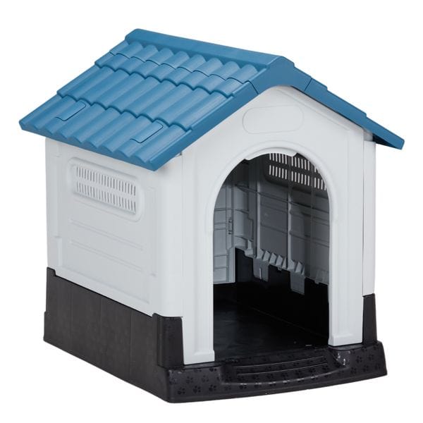 33 inch Large Plastic Dog House, Indoor Outdoor Doghouse Pet House with Air Vents and Elevated Floor, Insulated Water Resistant Puppy Shelter Kennel, Blue & White Front View