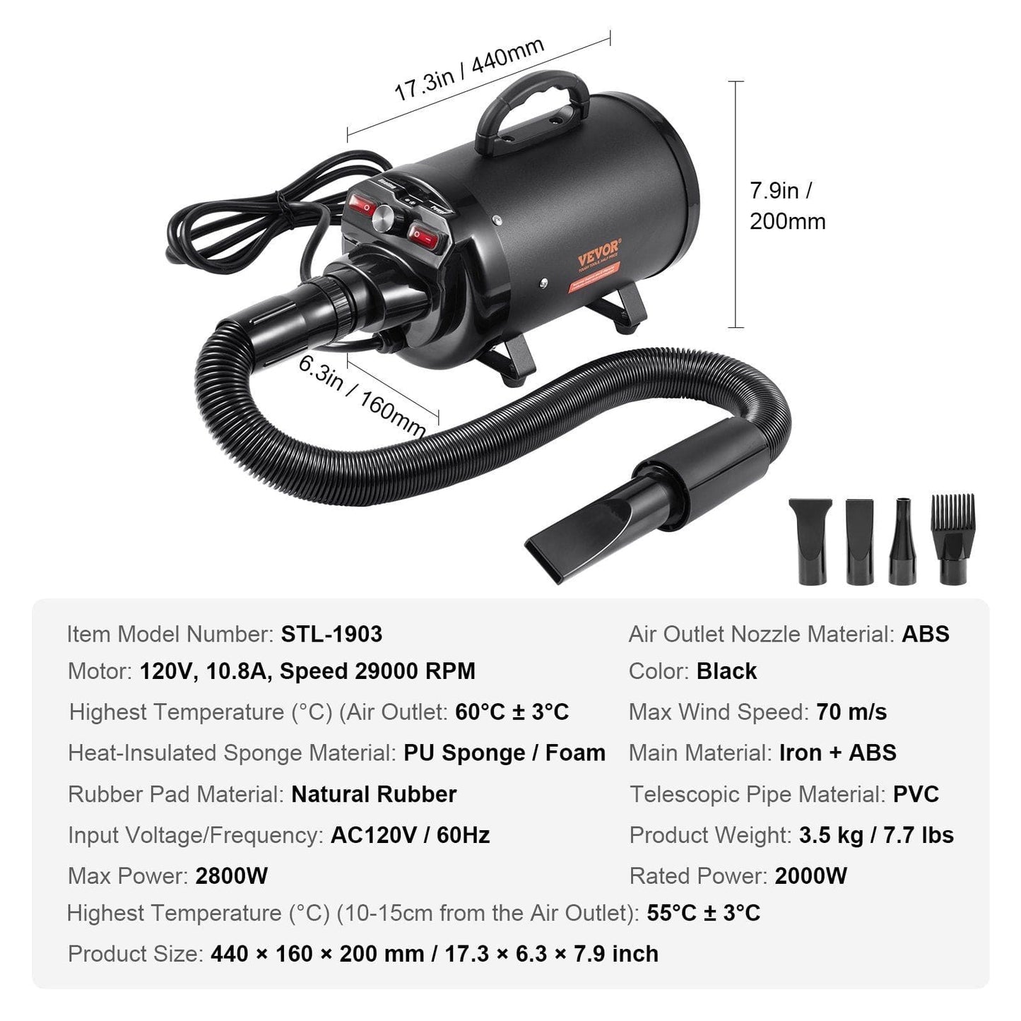 VEVOR Dog Dryer, 2800W/4.3HP Dog Blow Dryer specifications