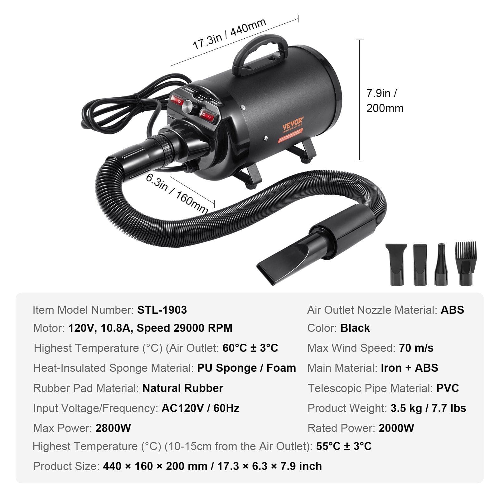 VEVOR Dog Dryer, 2800W/4.3HP Dog Blow Dryer specifications