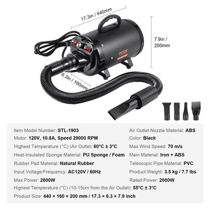 VEVOR Dog Dryer, 2800W/4.3HP Dog Blow Dryer specifications