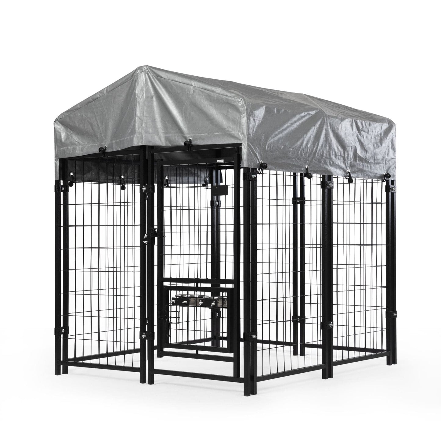 Heavy Duty Dog House, Dog Pen with Roof, Reversible Feeding Door, Stainless Steel Feeding Bowls, Dog Fence Cage for Small to Large Dogs, Dog Kennel Outside, Black With Canopy View