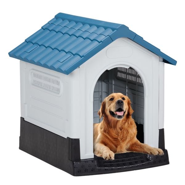 33 inch Large Plastic Dog House, Indoor Outdoor Doghouse Pet House with Air Vents and Elevated Floor, Insulated Water Resistant Puppy Shelter Kennel, Blue & White View with Dog