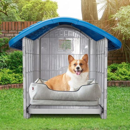 28 inch Raised Plastic Dog House, Outdoor Indoor Doghouse Pet House with Adjustable Sunroof and Elevated Base for Small Dogs, Blue & White Easy Install