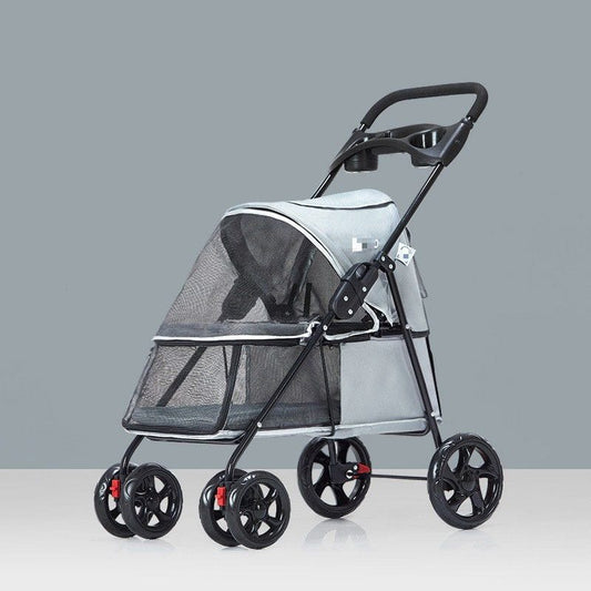 Gray Pet Dog Stroller, Quick Folding, Shockproof with 2 Front Swivel Wheels & Rear Brake Wheels