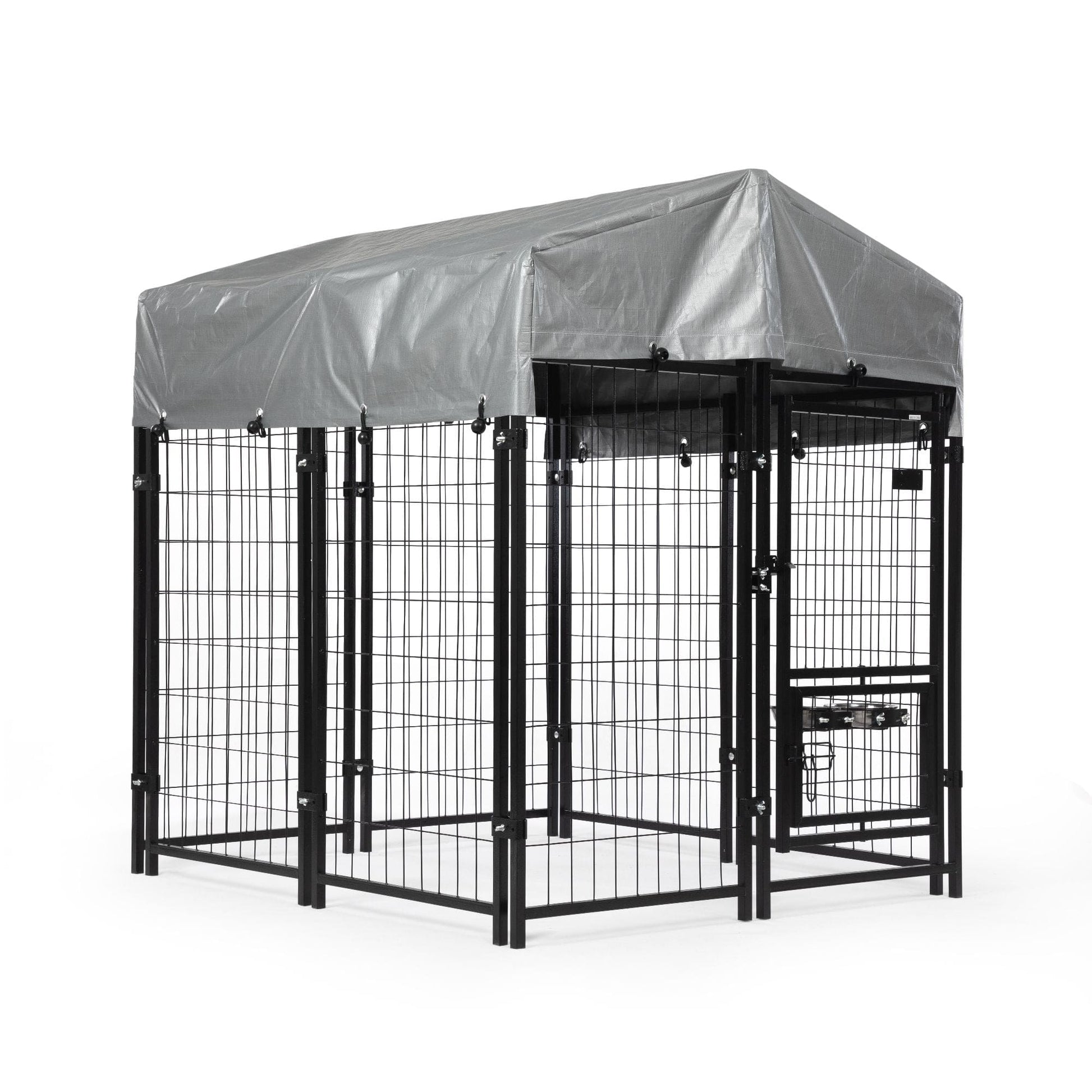 Heavy Duty Dog House, Dog Pen with Roof, Reversible Feeding Door, Stainless Steel Feeding Bowls, Dog Fence Cage for Small to Large Dogs, Dog Kennel Outside, Black Gray Canopy